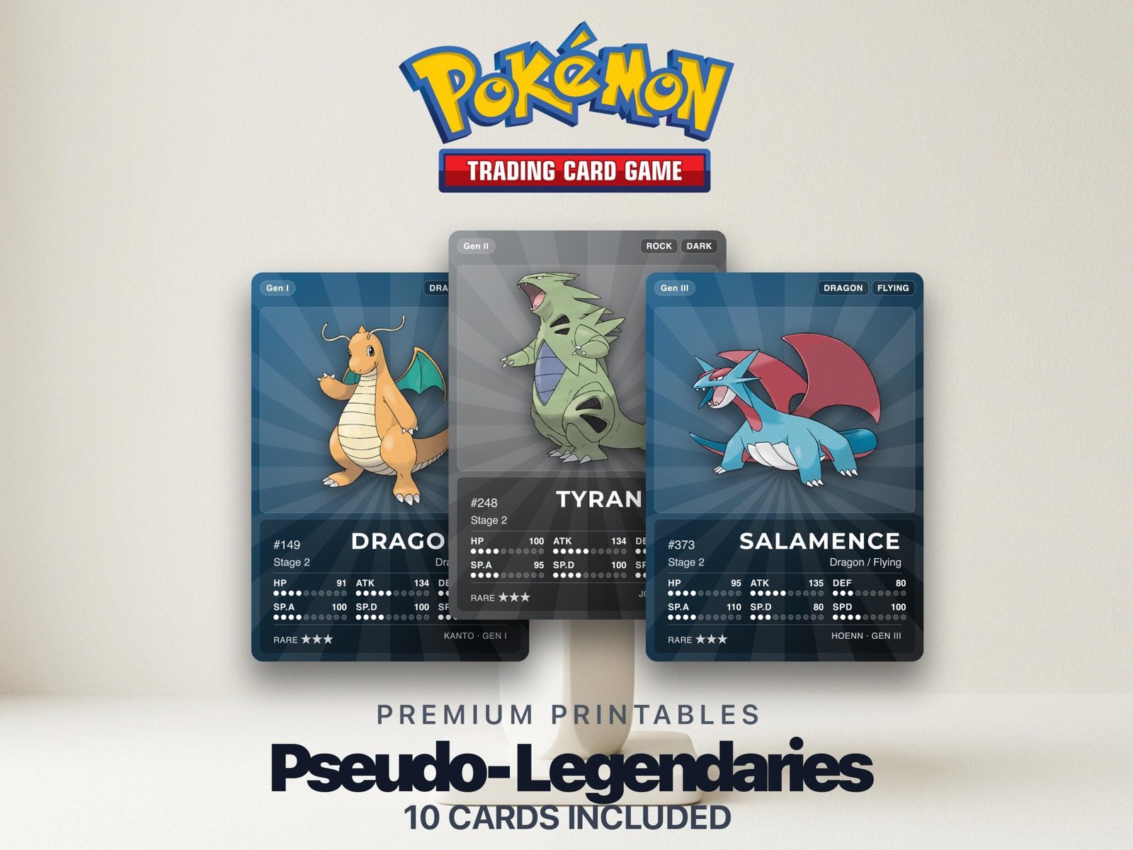 Pokémon Pseudo-Legendary Pokédex Placeholder | Dragonite Tyranitar Garchomp | Printable Pokémon Cards | Binder Set | 300 DPI | ENGLISH